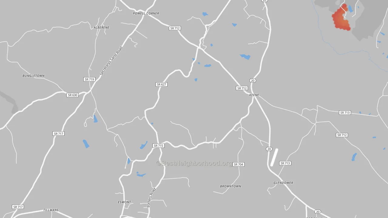 Walk Grade map of Keene, VA, walkable areas in green and car-dependent areas in red