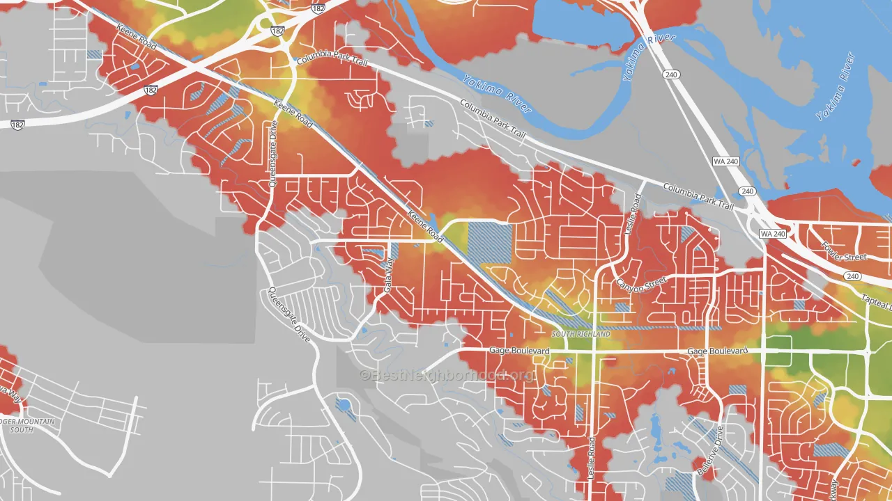Walk Grade map of Keene Valley, Richland, WA, walkable areas in green and car-dependent areas in red