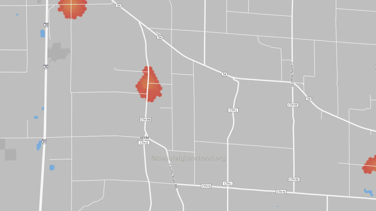 Walk Grade map of Keene, WI, walkable areas in green and car-dependent areas in red