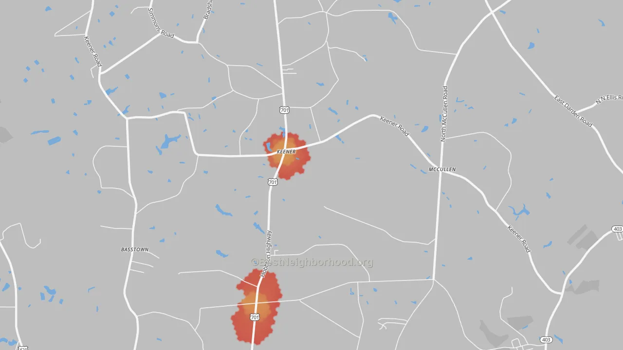 Walk Grade map of Keener, NC, walkable areas in green and car-dependent areas in red