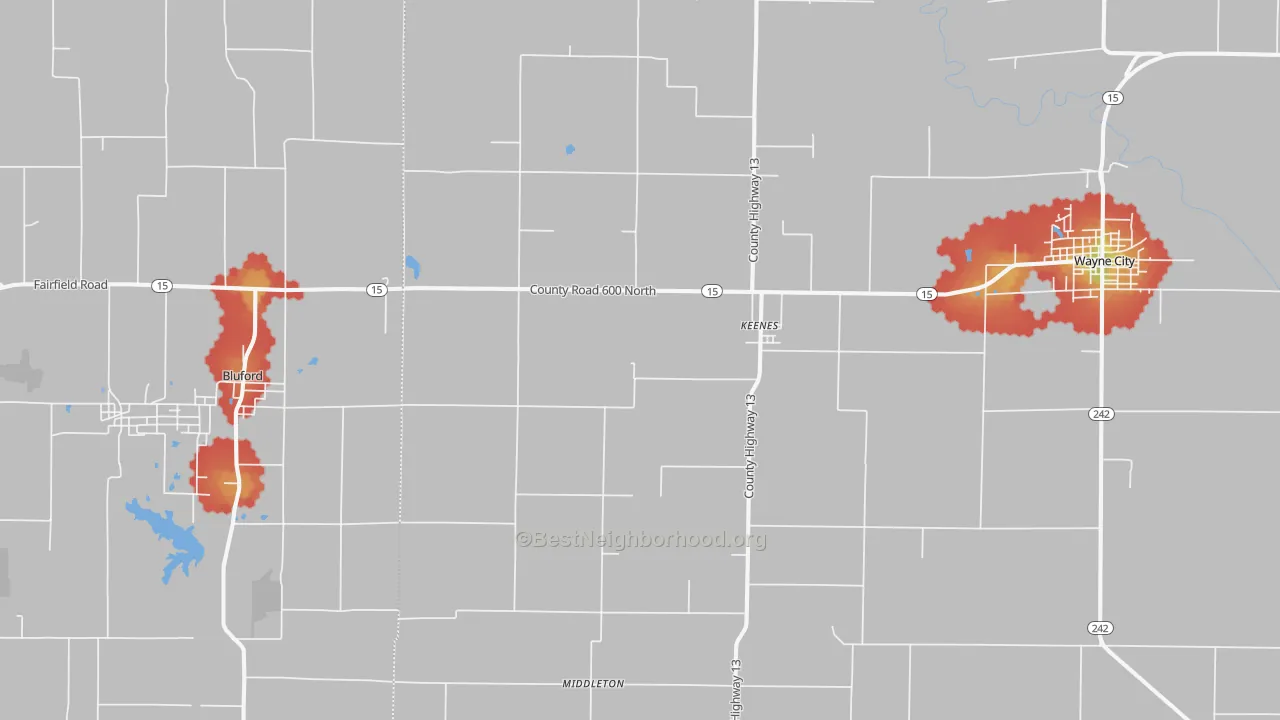 Walk Grade map of Keenes, IL, walkable areas in green and car-dependent areas in red