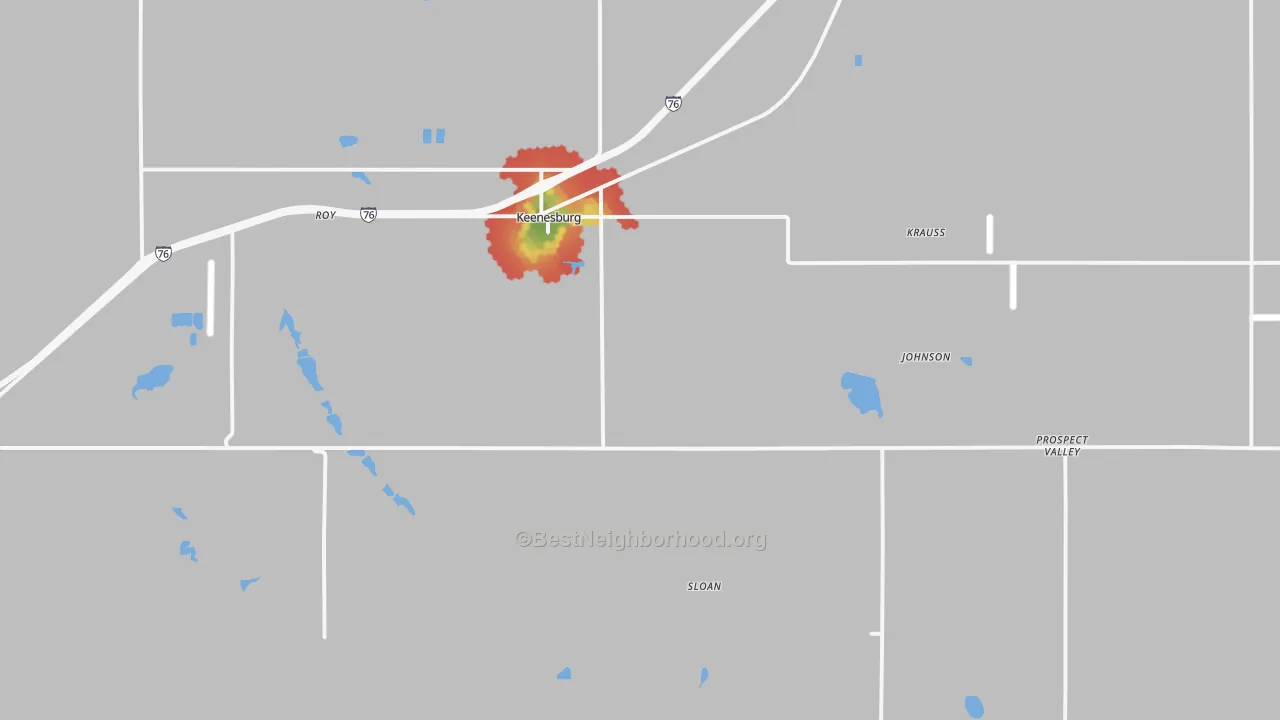 Walk Grade map of Keenesburg, CO, walkable areas in green and car-dependent areas in red