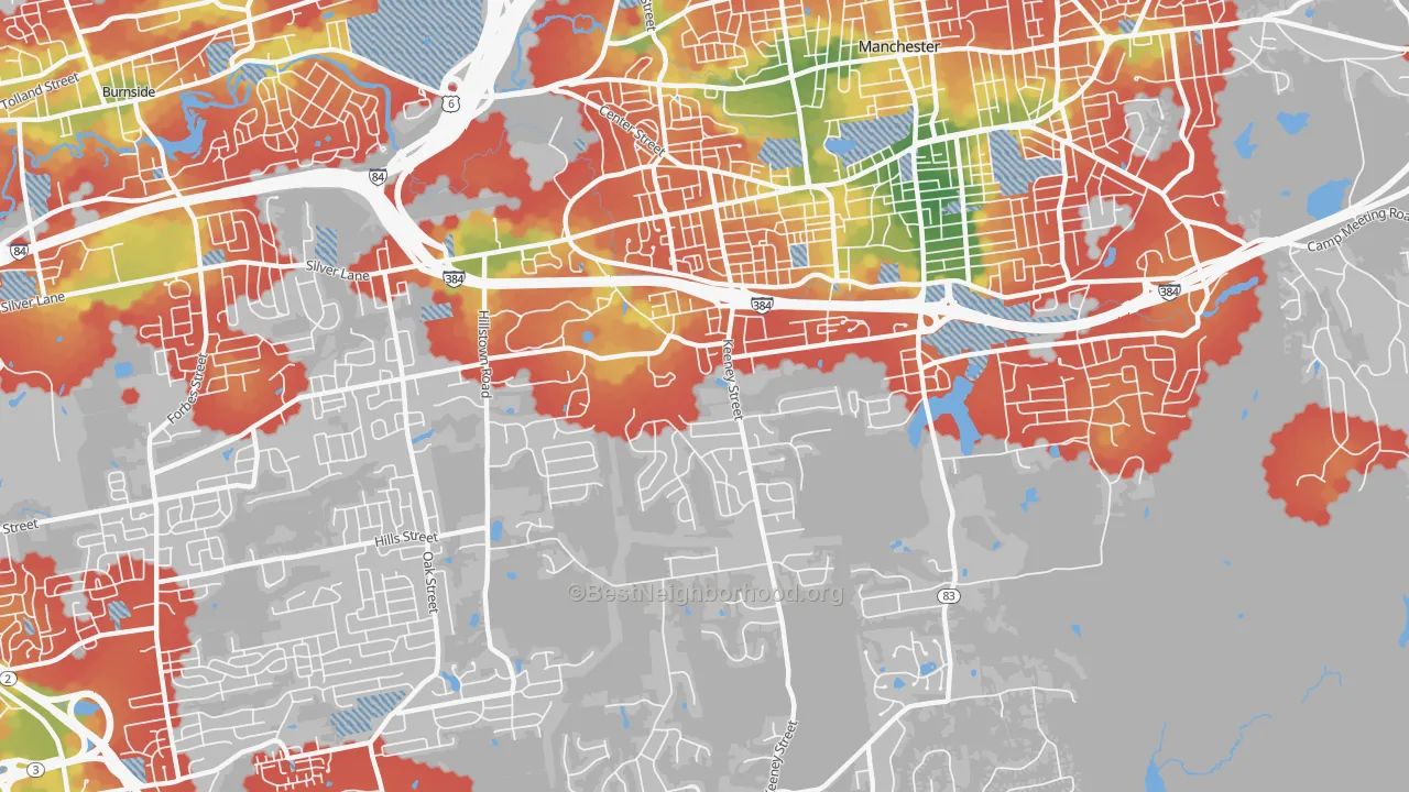 Walk Grade map of Keeney, Manchester, CT, walkable areas in green and car-dependent areas in red