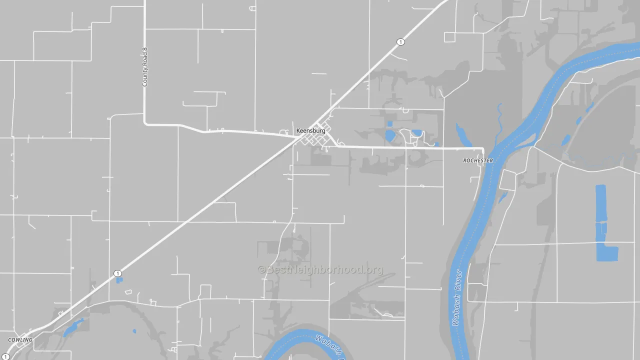 Walk Grade map of Keensburg, IL, walkable areas in green and car-dependent areas in red