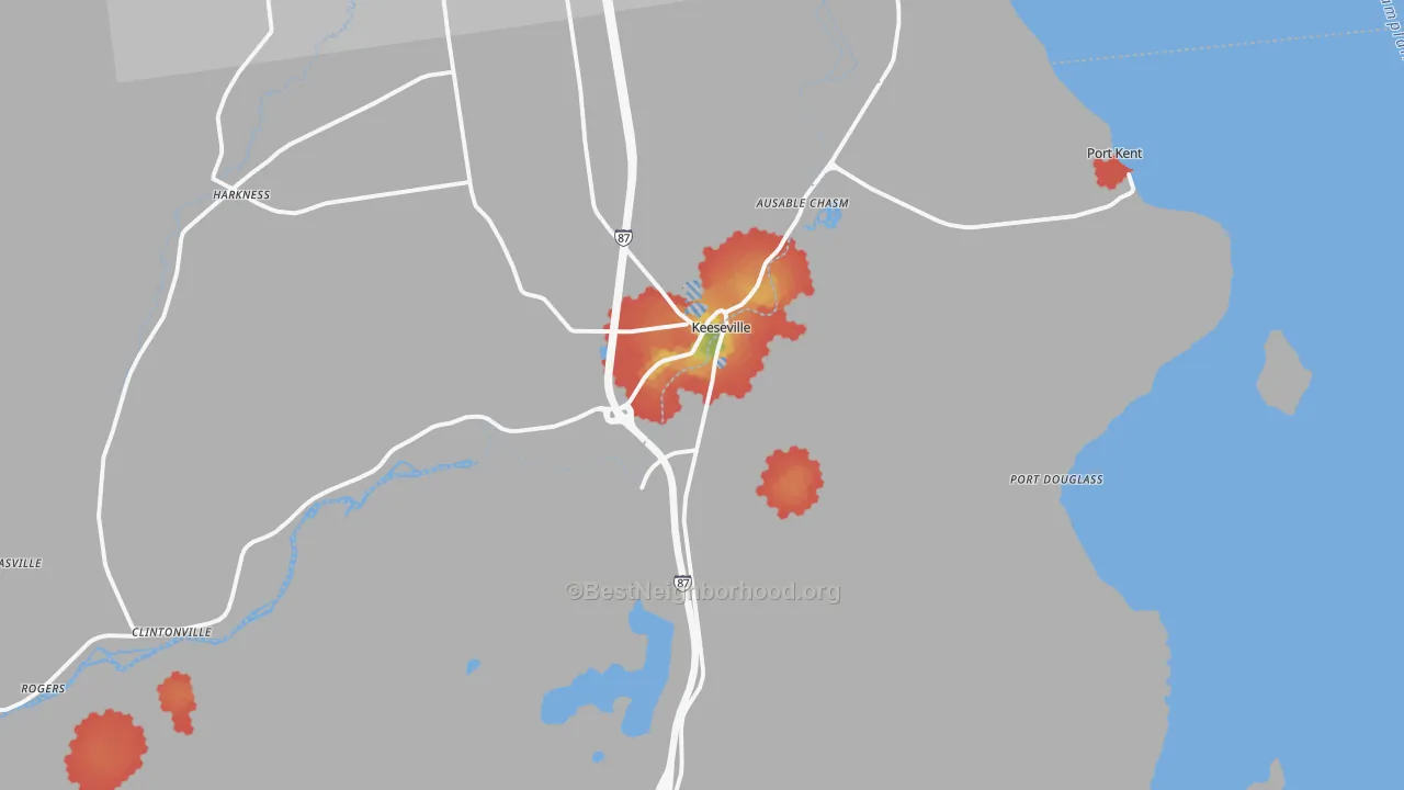 Walk Grade map of Keeseville, NY, walkable areas in green and car-dependent areas in red