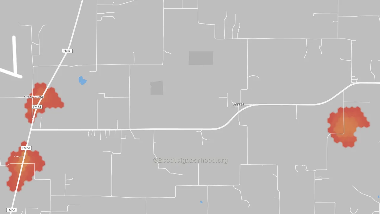 Walk Grade map of Keeter, TX, walkable areas in green and car-dependent areas in red
