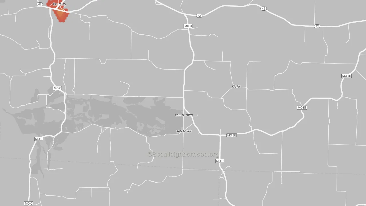 Walk Grade map of Keethtown, MO, walkable areas in green and car-dependent areas in red