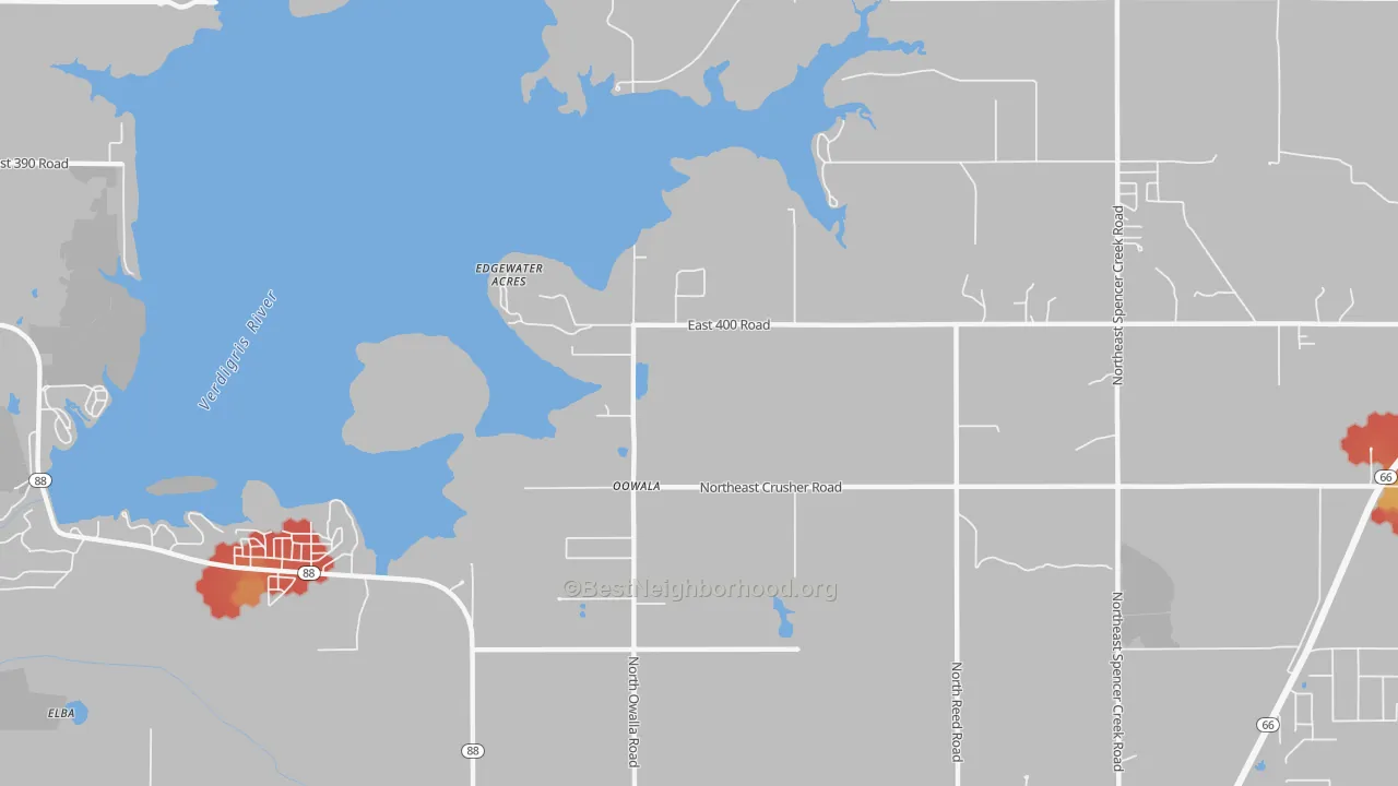 Walk Grade map of Keetonville, OK, walkable areas in green and car-dependent areas in red