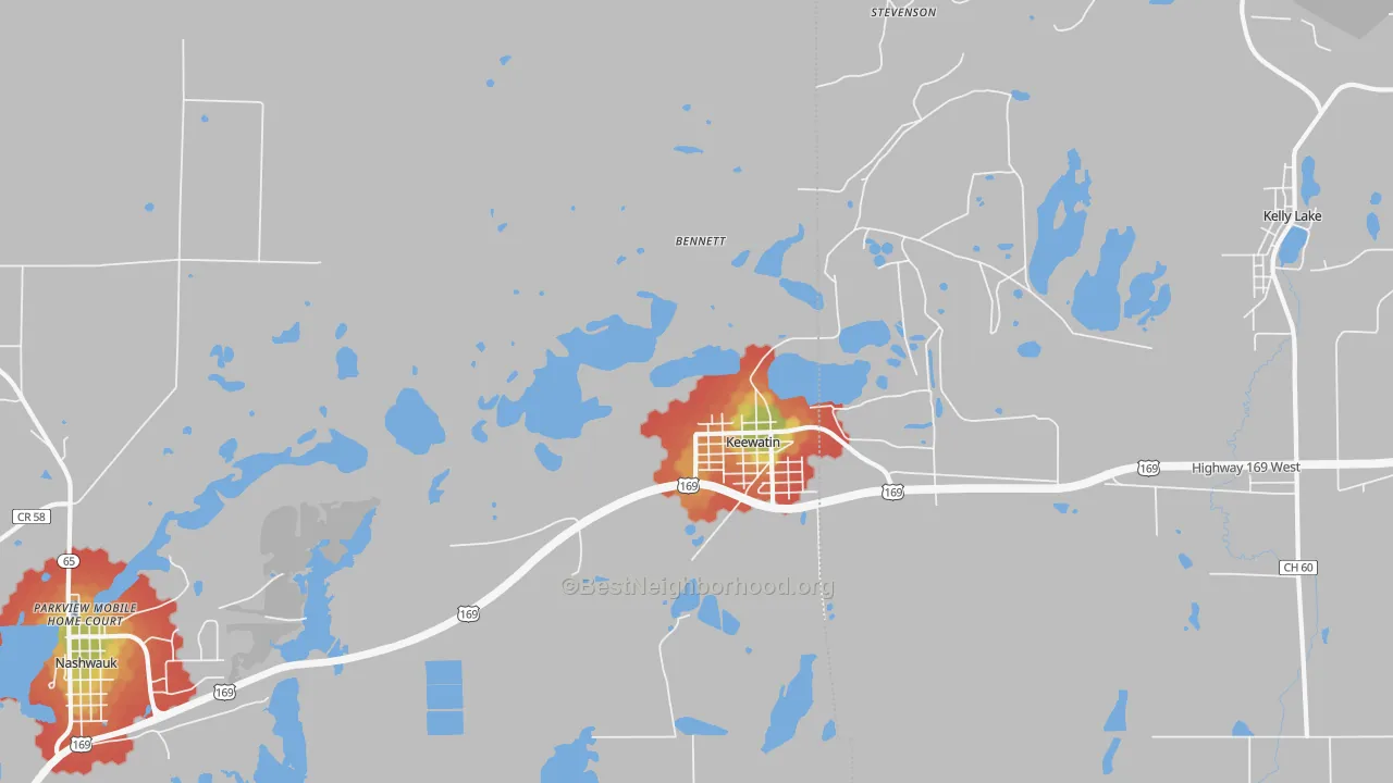 Walk Grade map of Keewatin, MN, walkable areas in green and car-dependent areas in red