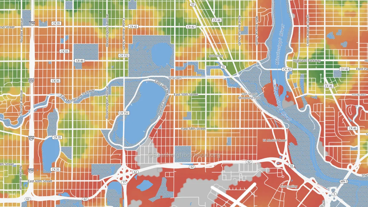 Walk Grade map of Keewaydin, Minneapolis, MN, walkable areas in green and car-dependent areas in red