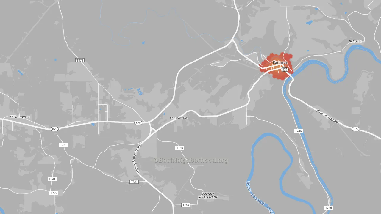 Walk Grade map of Keewaydin, PA, walkable areas in green and car-dependent areas in red