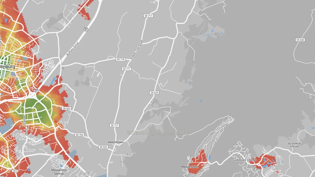 Walk Grade map of Keezletown, VA, walkable areas in green and car-dependent areas in red