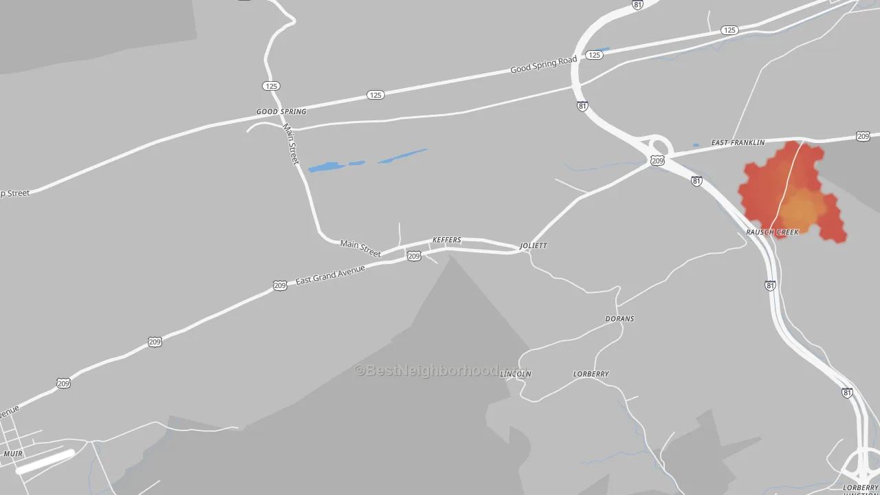 Walk Grade map of Keffer, PA, walkable areas in green and car-dependent areas in red