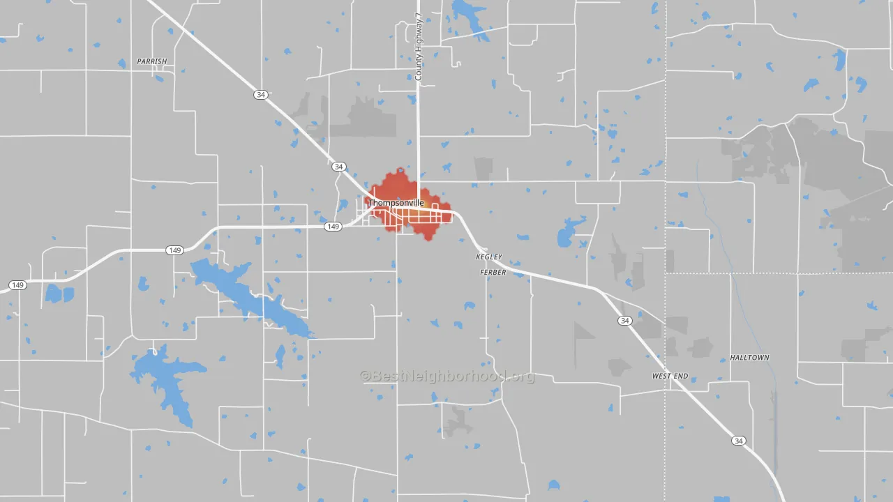 Walk Grade map of Kegley, IL, walkable areas in green and car-dependent areas in red