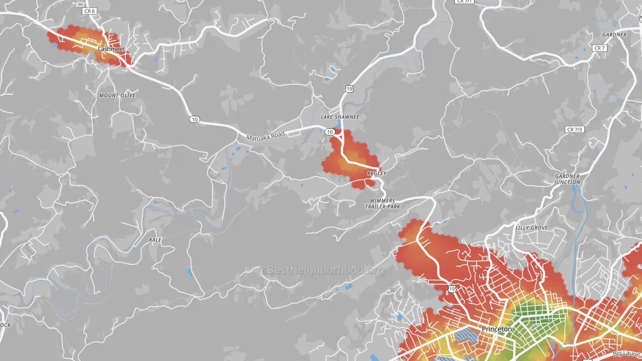 Walk Grade map of Kegley, WV, walkable areas in green and car-dependent areas in red