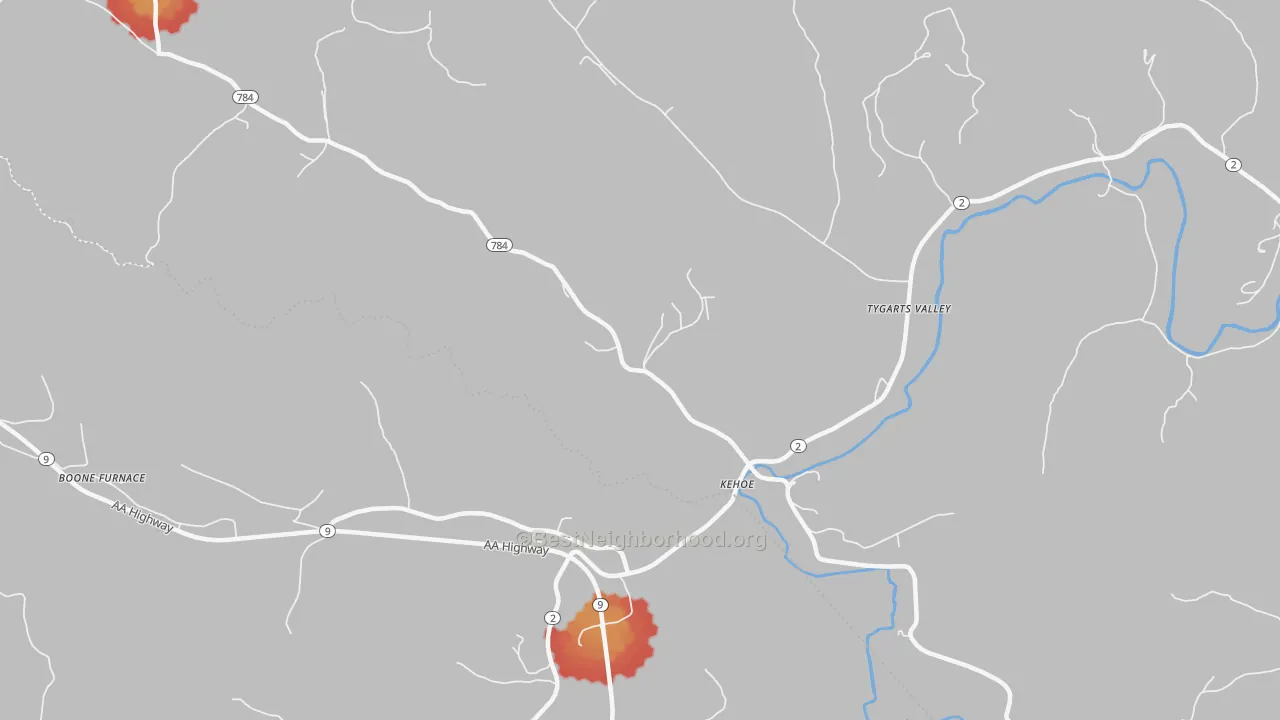 Walk Grade map of Kehoe, KY, walkable areas in green and car-dependent areas in red