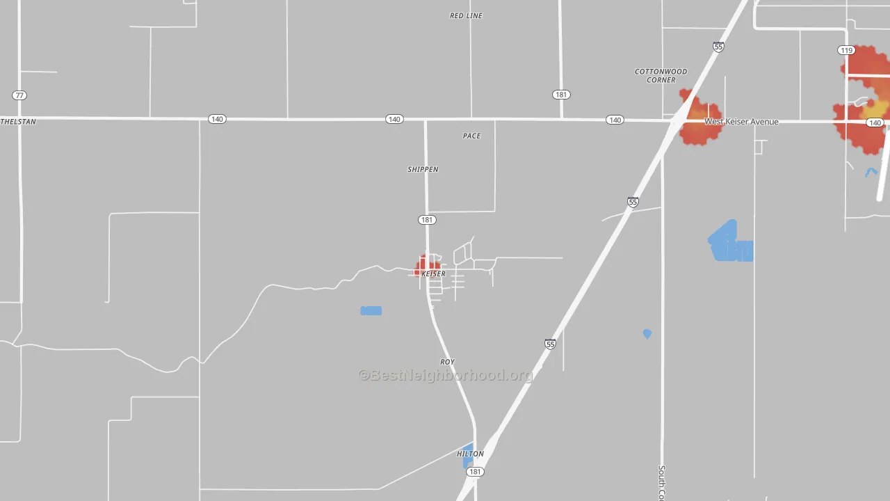 Walk Grade map of Keiser, AR, walkable areas in green and car-dependent areas in red
