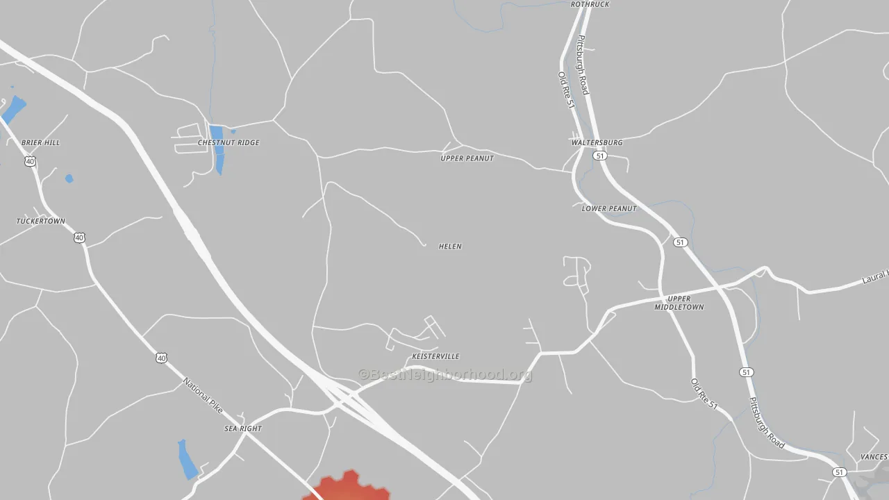 Walk Grade map of Keisterville, PA, walkable areas in green and car-dependent areas in red