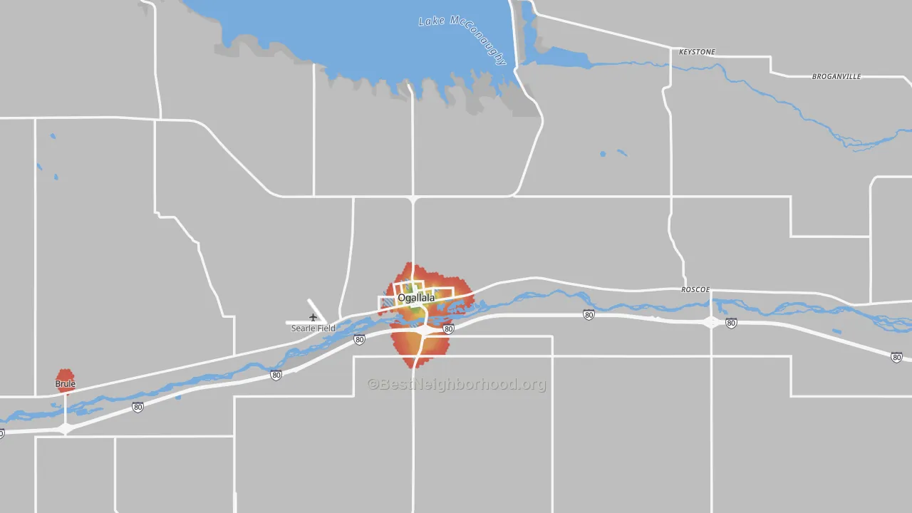 Walk Grade map of Keith County, NE, walkable areas in green and car-dependent areas in red