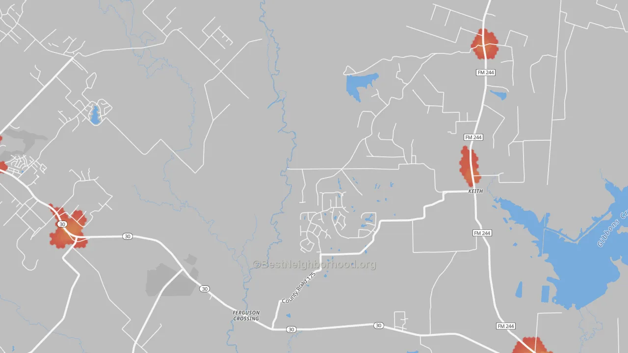 Walk Grade map of Keith, TX, walkable areas in green and car-dependent areas in red