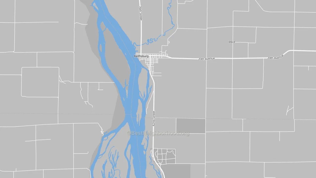 Walk Grade map of Keithsburg, IL, walkable areas in green and car-dependent areas in red