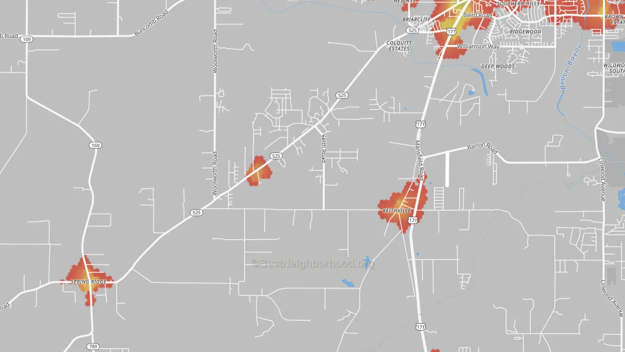 Walk Grade map of Keithville, LA, walkable areas in green and car-dependent areas in red