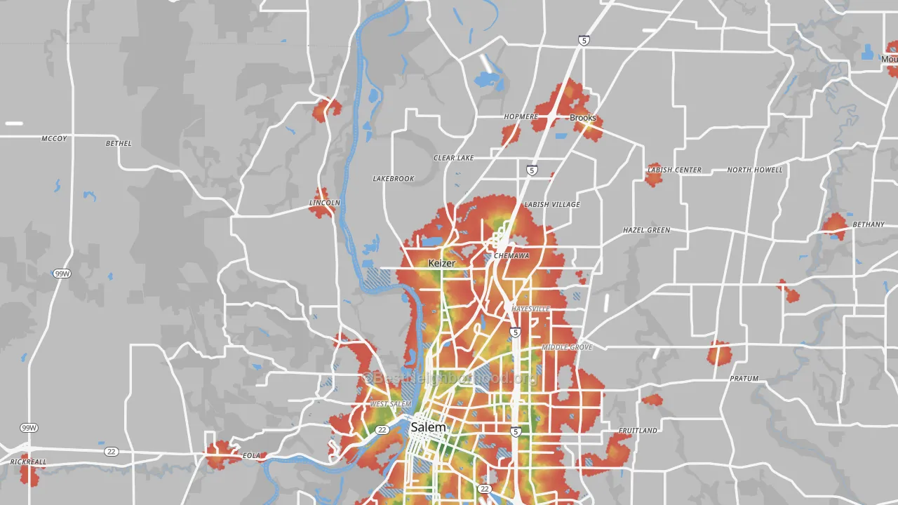 Walk Grade map of Keizer, OR, walkable areas in green and car-dependent areas in red