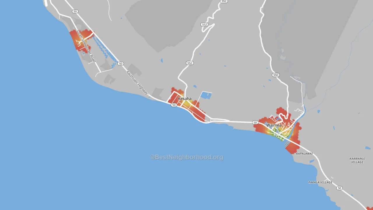 Walk Grade map of Kekaha, HI, walkable areas in green and car-dependent areas in red