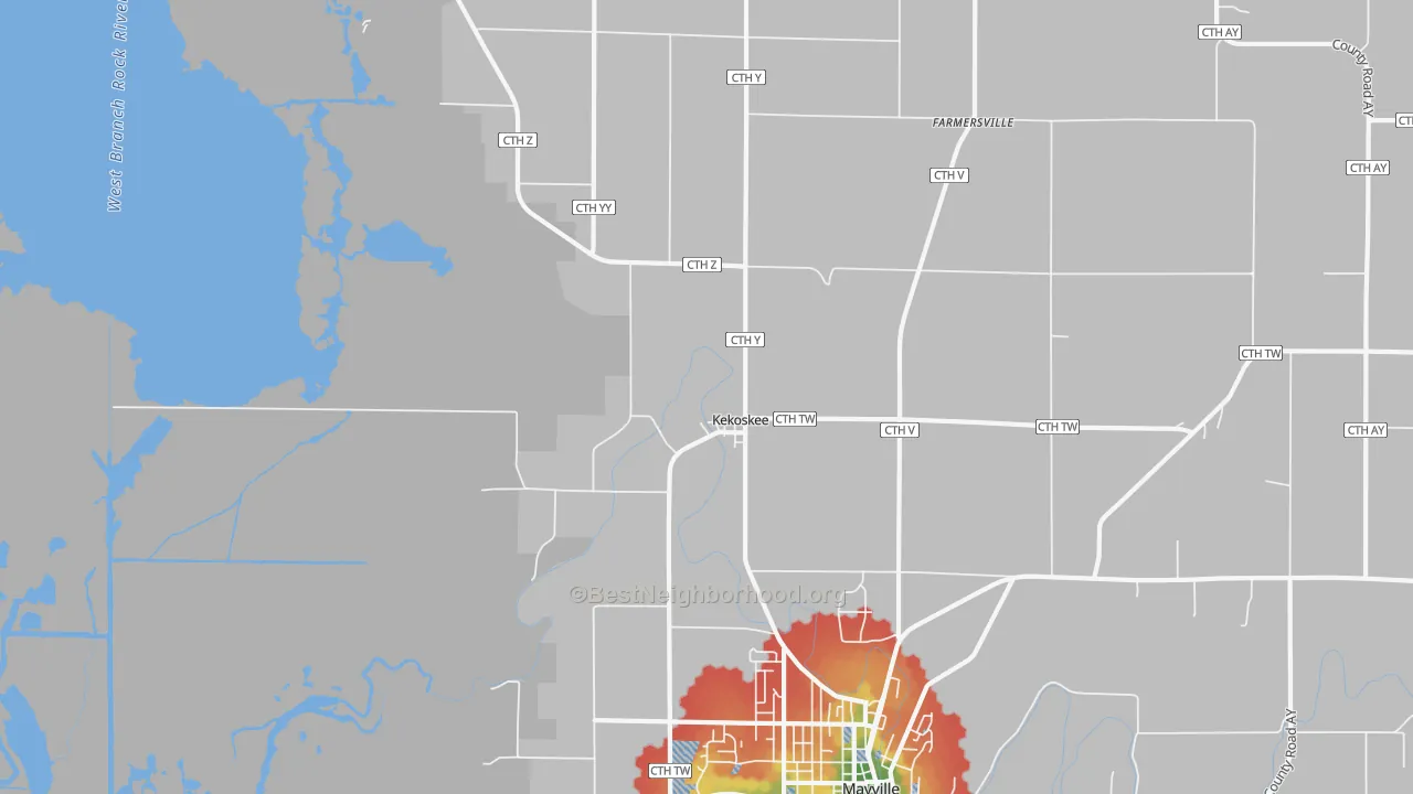 Walk Grade map of Kekoskee, WI, walkable areas in green and car-dependent areas in red