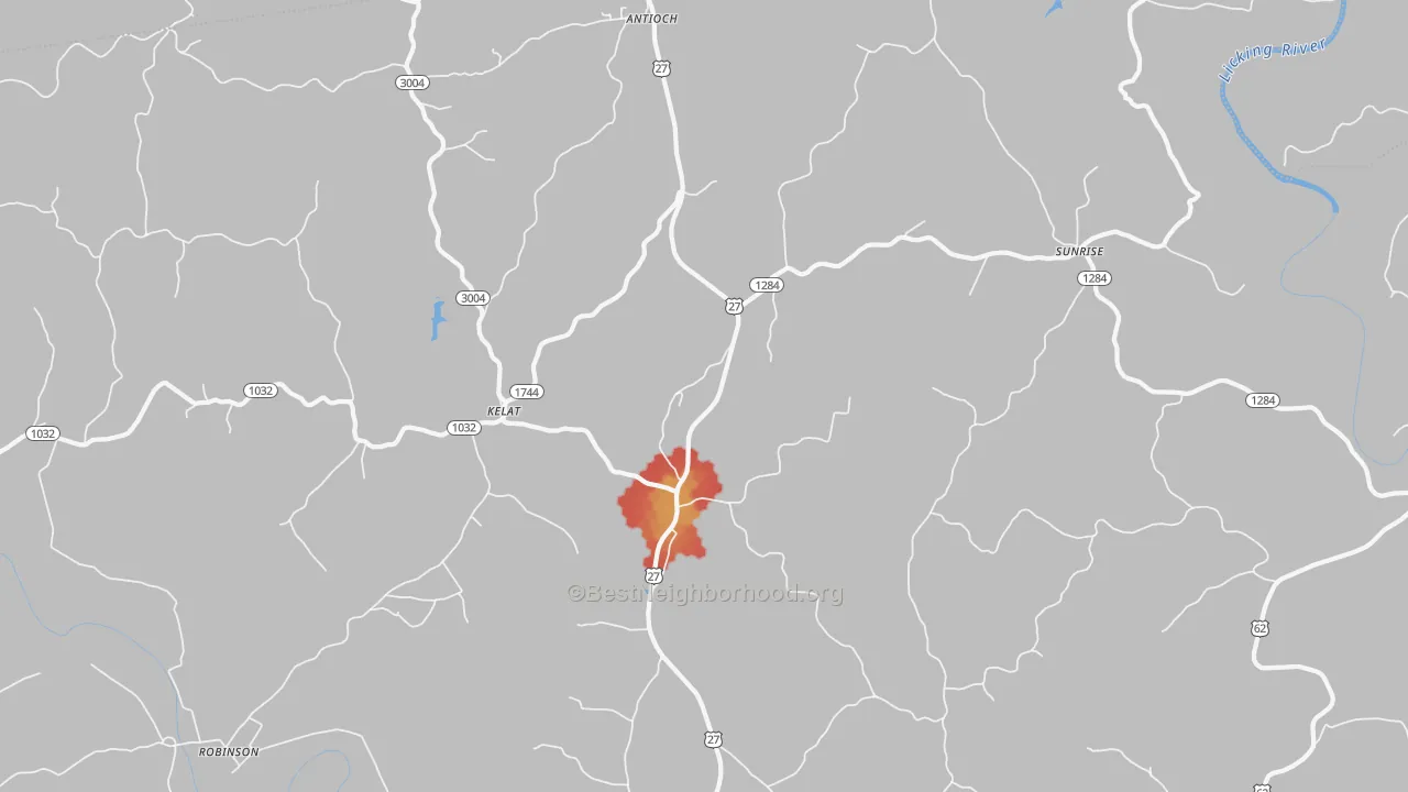 Walk Grade map of Kelat, KY, walkable areas in green and car-dependent areas in red