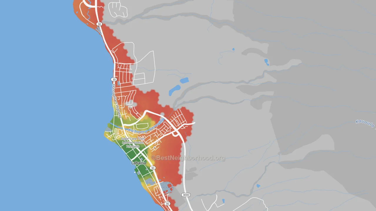 Walk Grade map of Kelawea, HI, walkable areas in green and car-dependent areas in red