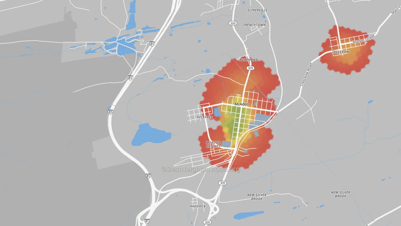 Walk Grade map of Kelayres, PA, walkable areas in green and car-dependent areas in red