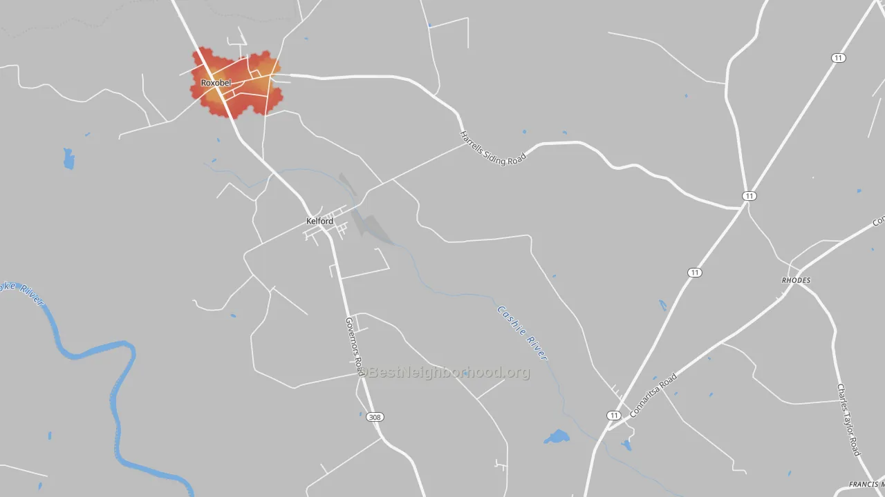 Walk Grade map of Kelford, NC, walkable areas in green and car-dependent areas in red