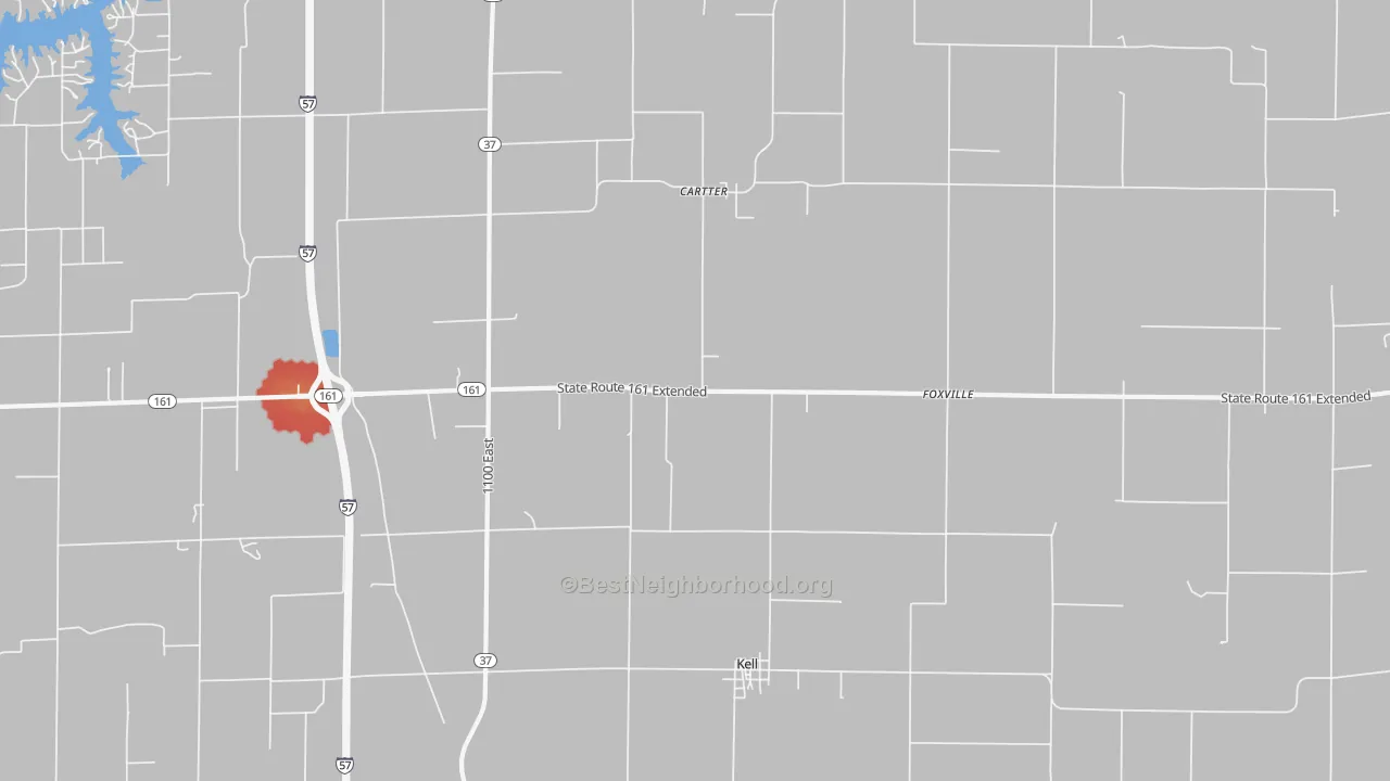 Walk Grade map of Kell, IL, walkable areas in green and car-dependent areas in red