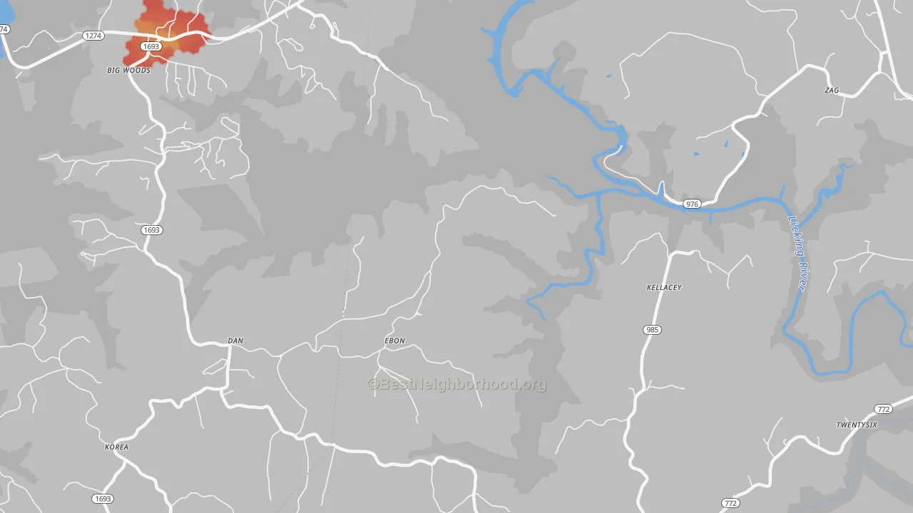 Walk Grade map of Kellacey, KY, walkable areas in green and car-dependent areas in red
