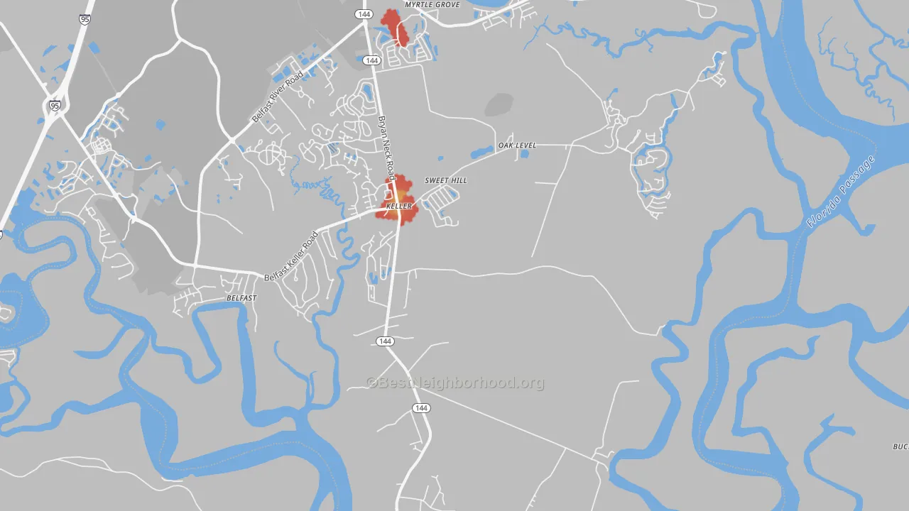 Walk Grade map of Keller, GA, walkable areas in green and car-dependent areas in red