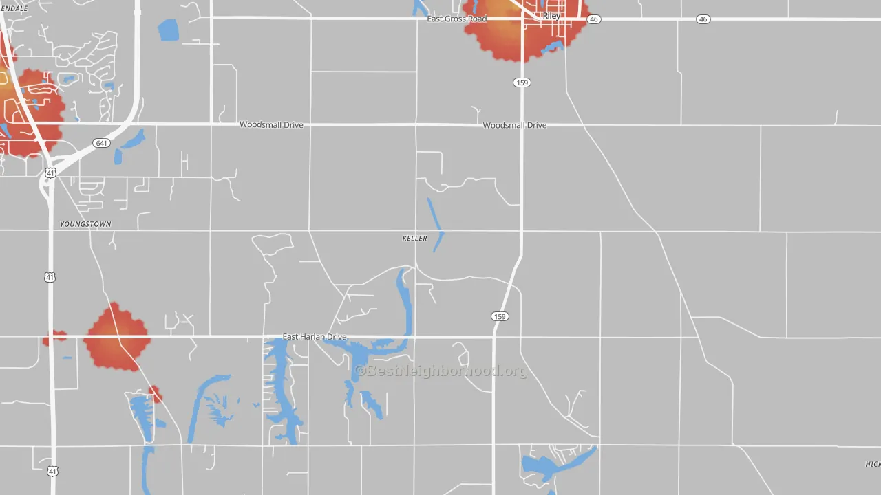 Walk Grade map of Keller, IN, walkable areas in green and car-dependent areas in red