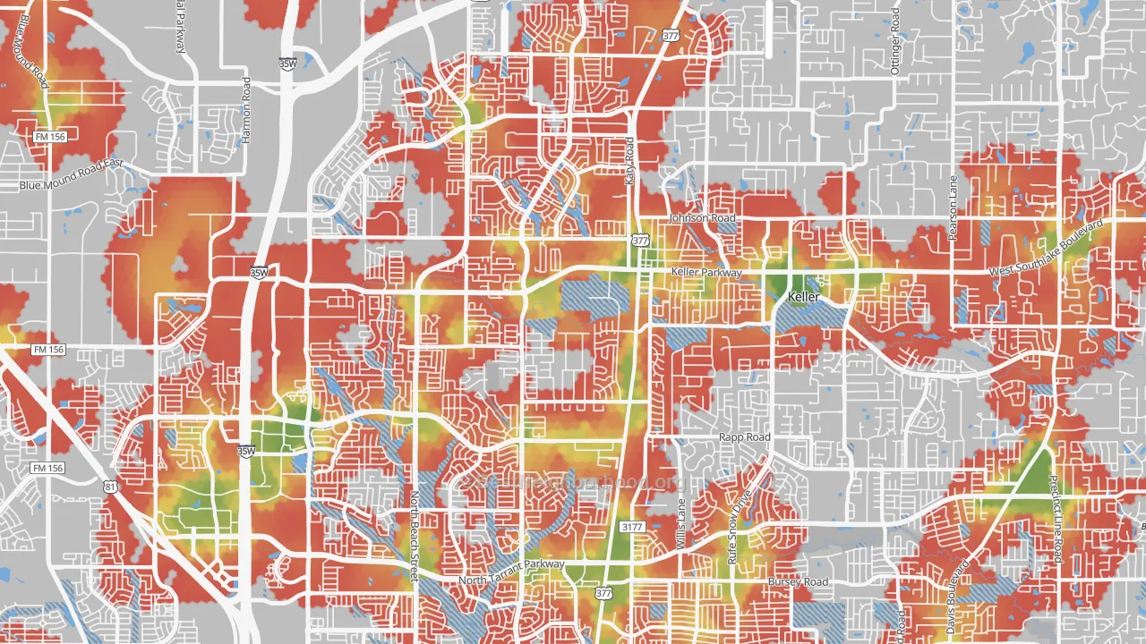 Walk Grade map of Keller, TX, walkable areas in green and car-dependent areas in red