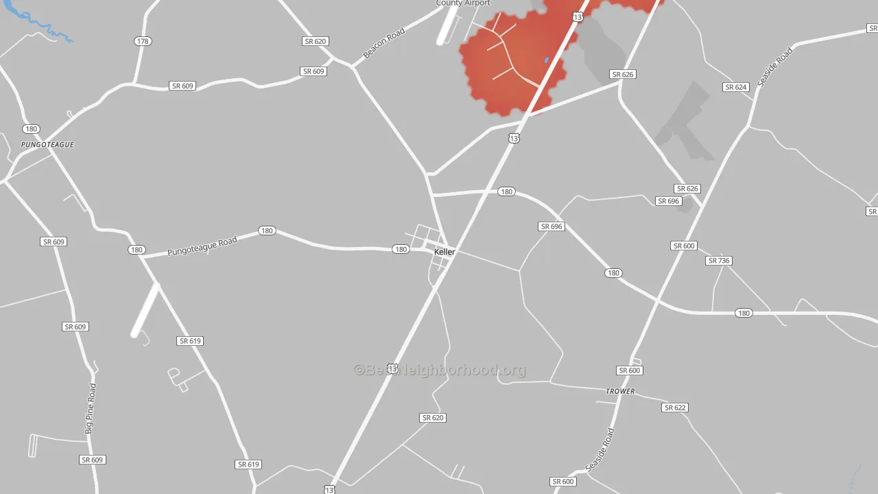 Walk Grade map of Keller, VA, walkable areas in green and car-dependent areas in red