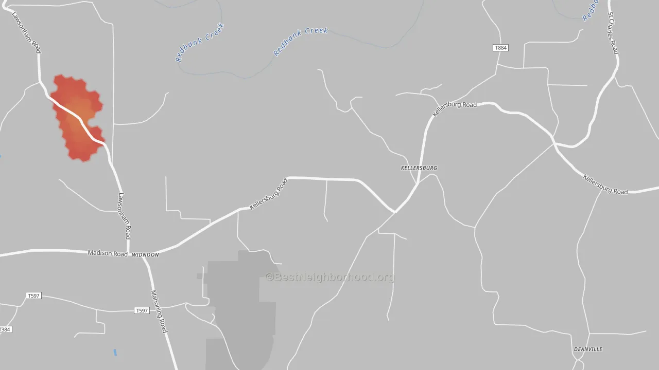 Walk Grade map of Kellersburg, PA, walkable areas in green and car-dependent areas in red
