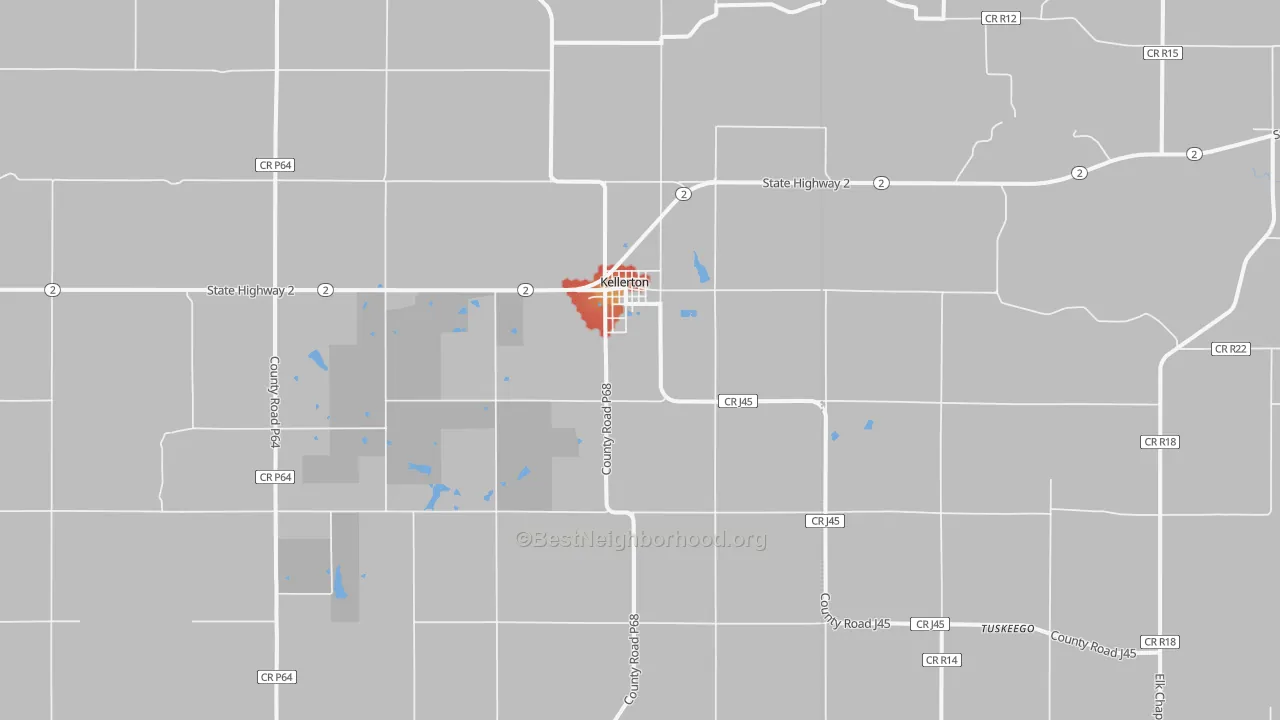 Walk Grade map of Kellerton, IA, walkable areas in green and car-dependent areas in red