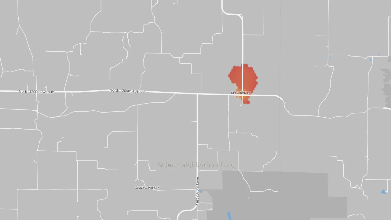 Walk Grade map of Kellerville, IL, walkable areas in green and car-dependent areas in red