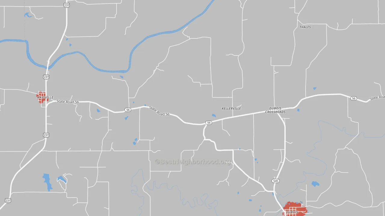 Walk Grade map of Kellerville, IN, walkable areas in green and car-dependent areas in red