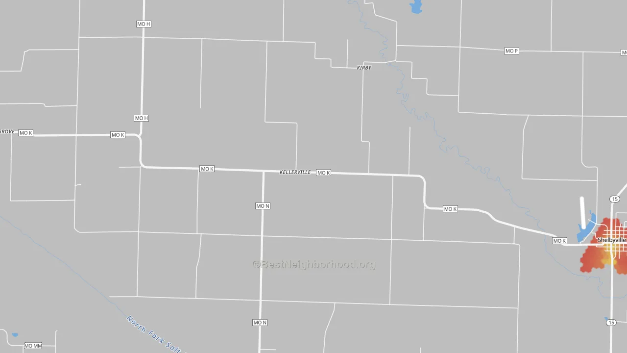 Walk Grade map of Kellerville, MO, walkable areas in green and car-dependent areas in red