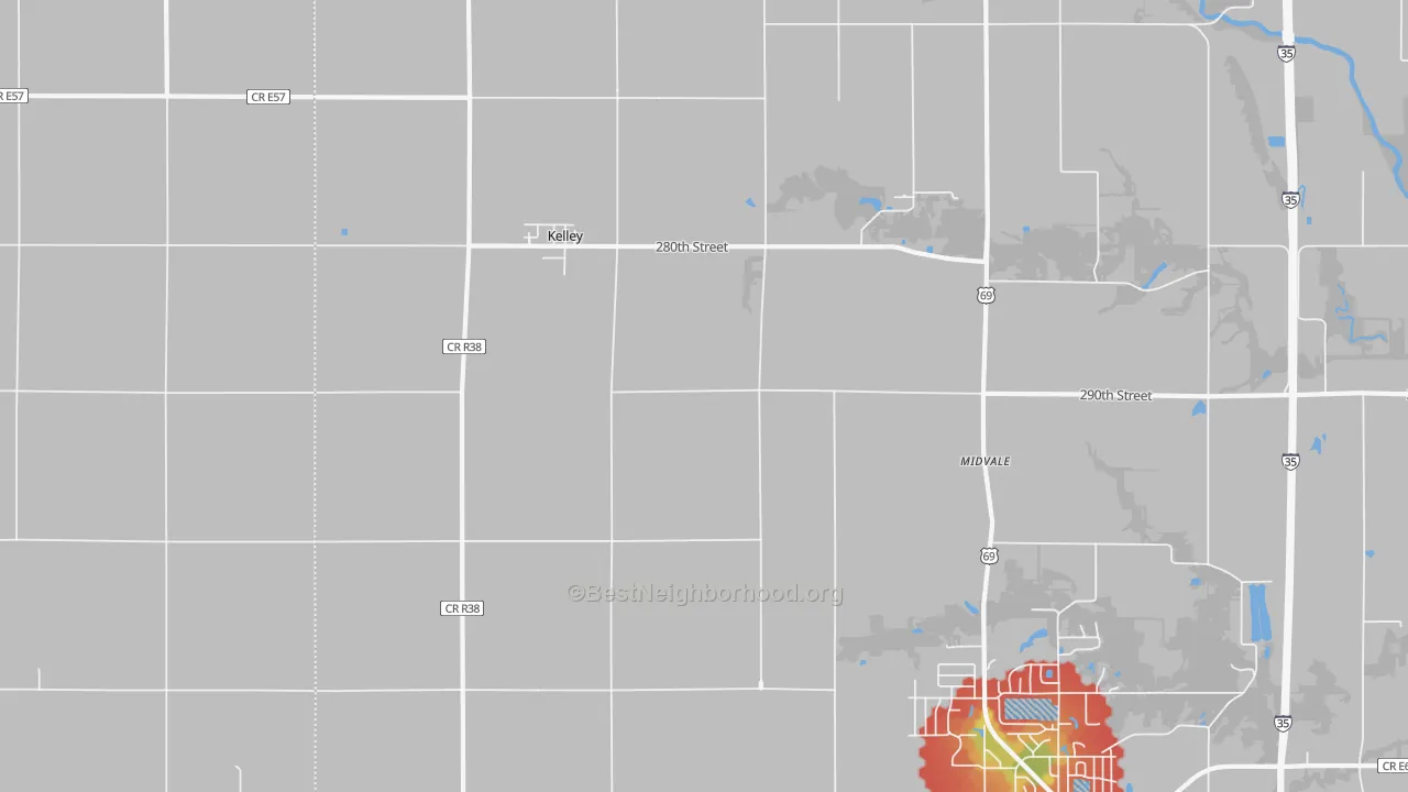 Walk Grade map of Kelley, IA, walkable areas in green and car-dependent areas in red