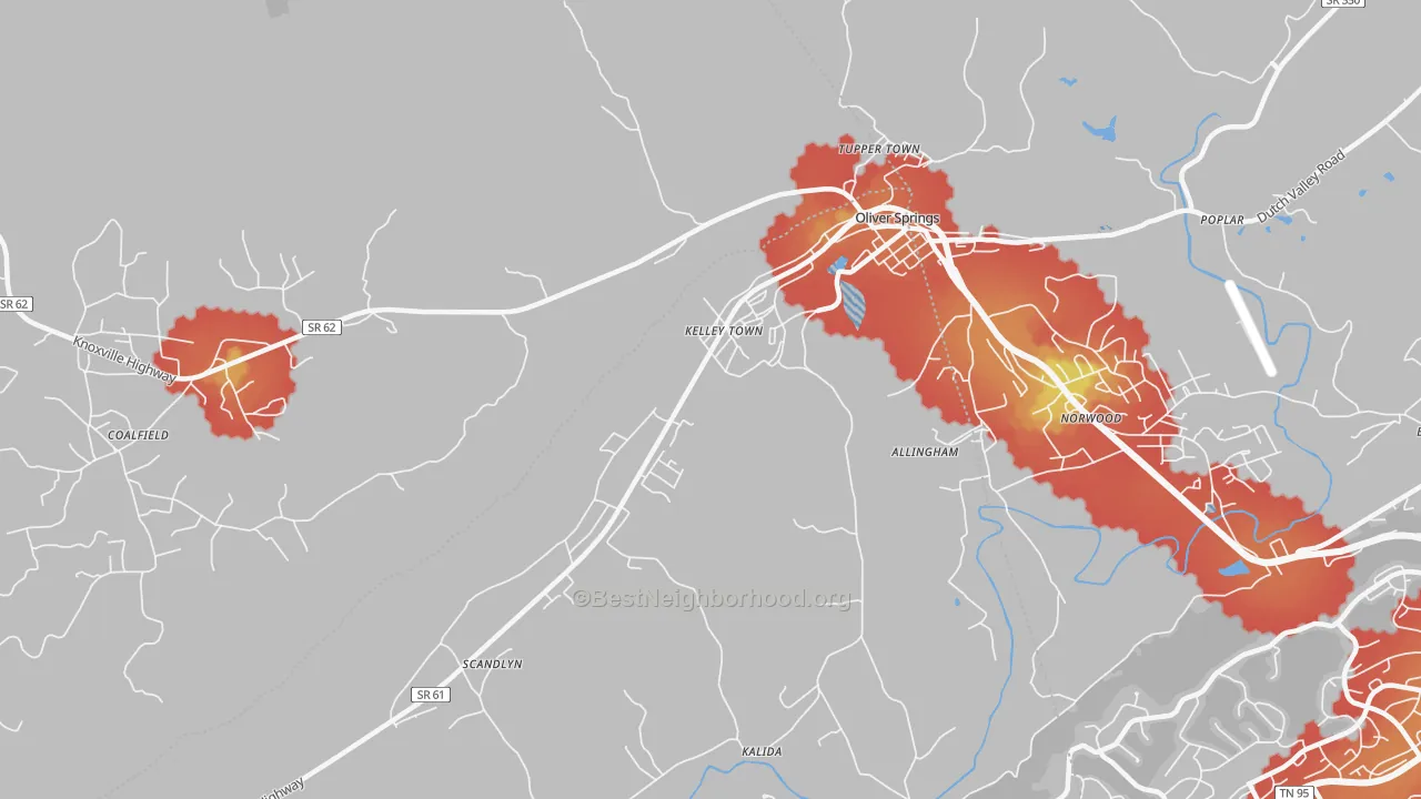 Walk Grade map of Kelley Town, TN, walkable areas in green and car-dependent areas in red