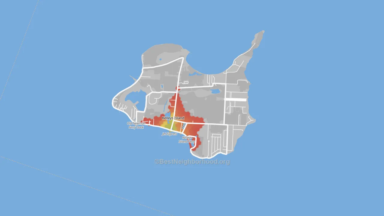 Walk Grade map of Kelleys Island, OH, walkable areas in green and car-dependent areas in red