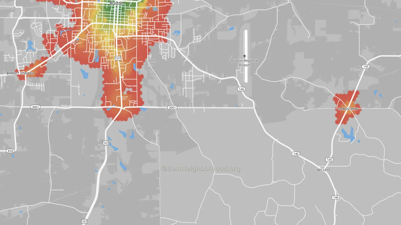 Walk Grade map of Kelleys, LA, walkable areas in green and car-dependent areas in red