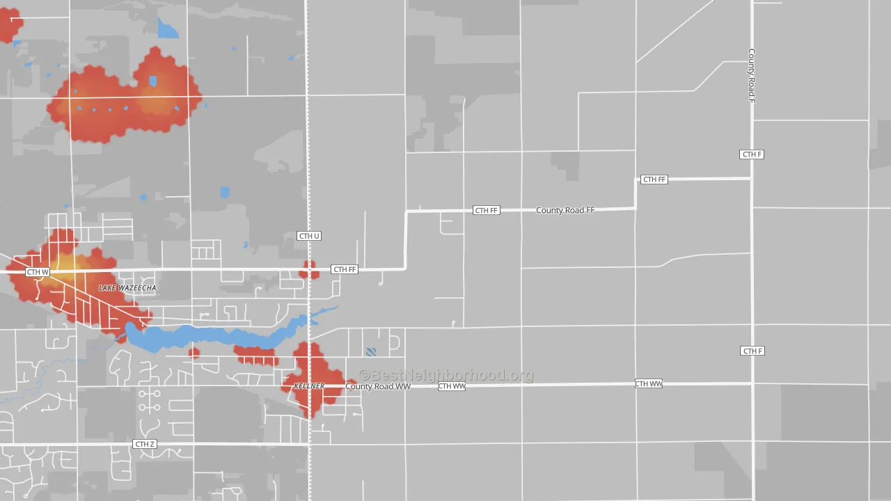 Walk Grade map of Kellner, WI, walkable areas in green and car-dependent areas in red