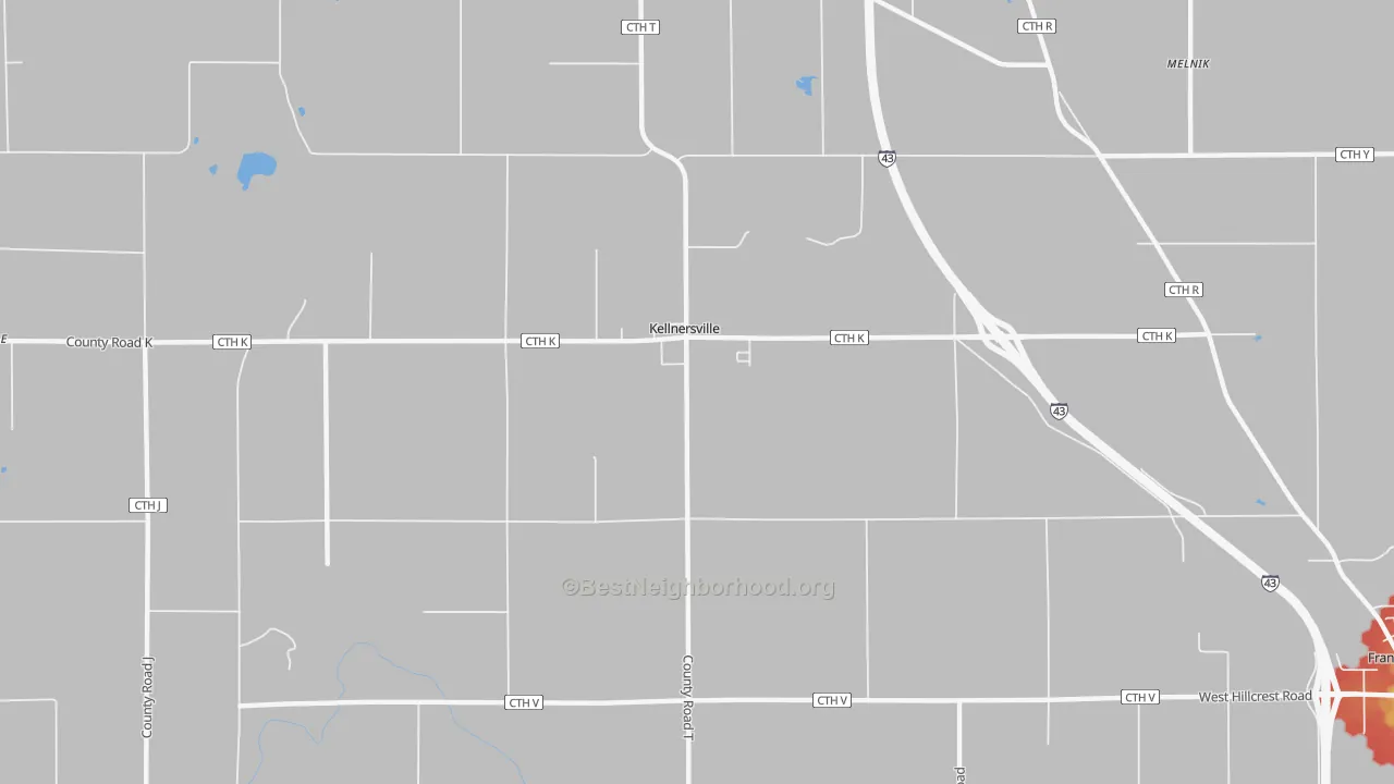 Walk Grade map of Kellnersville, WI, walkable areas in green and car-dependent areas in red